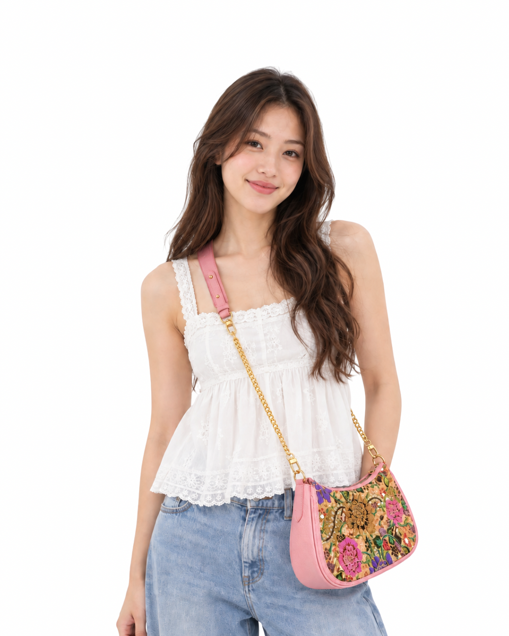 (SHBLSB-LPN-PFYLWPNK) Light Pink Leather Shoulder Bag Yellow Pink Peony Flower