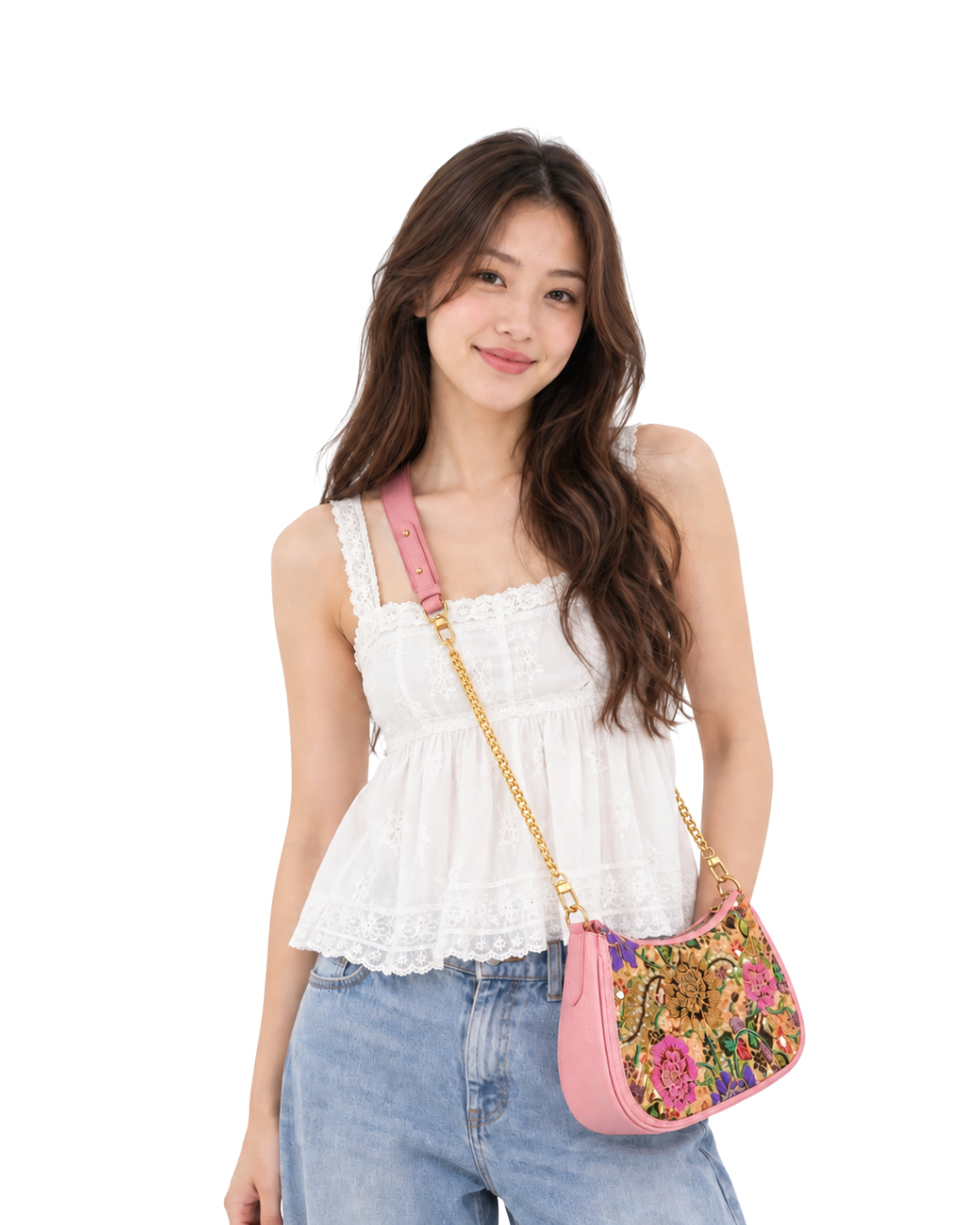 (SHBLSB-LPN-PFYLWPNK) Light Pink Leather Shoulder Bag Yellow Pink Peony Flower