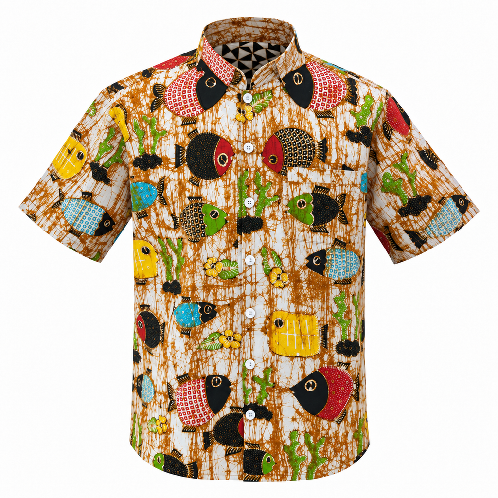 (SSMC-FIT-BEI) Short Sleeve Mandarin Collar Beige Abstract Fish Hand-Drawn Batik Shirt