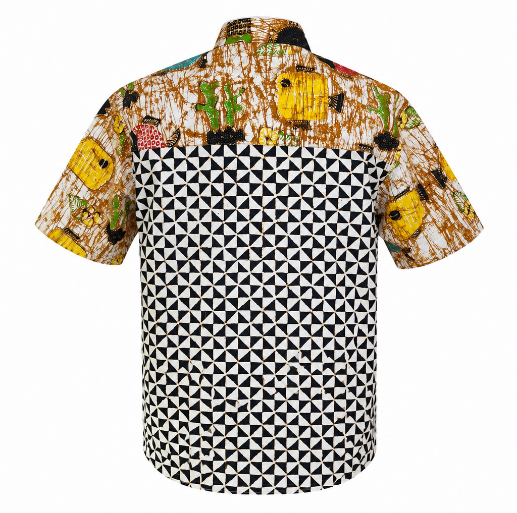 (SSMC-FIT-BEI) Short Sleeve Mandarin Collar Beige Abstract Fish Hand-Drawn Batik Shirt