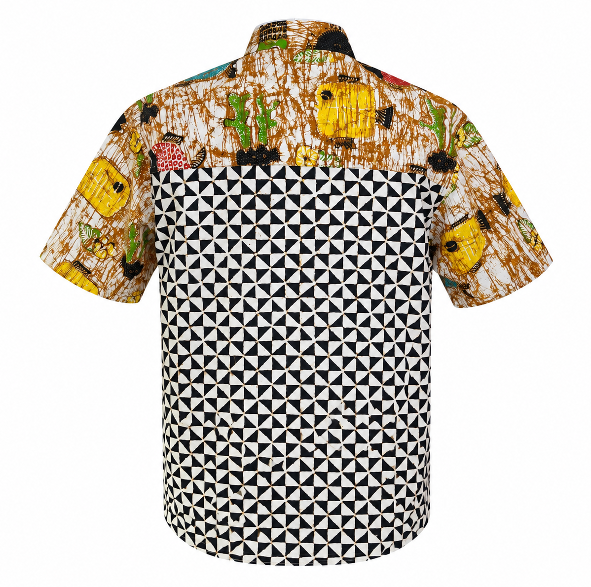 (SSMC-FIT-BEI) Short Sleeve Mandarin Collar Beige Abstract Fish Hand-Drawn Batik Shirt