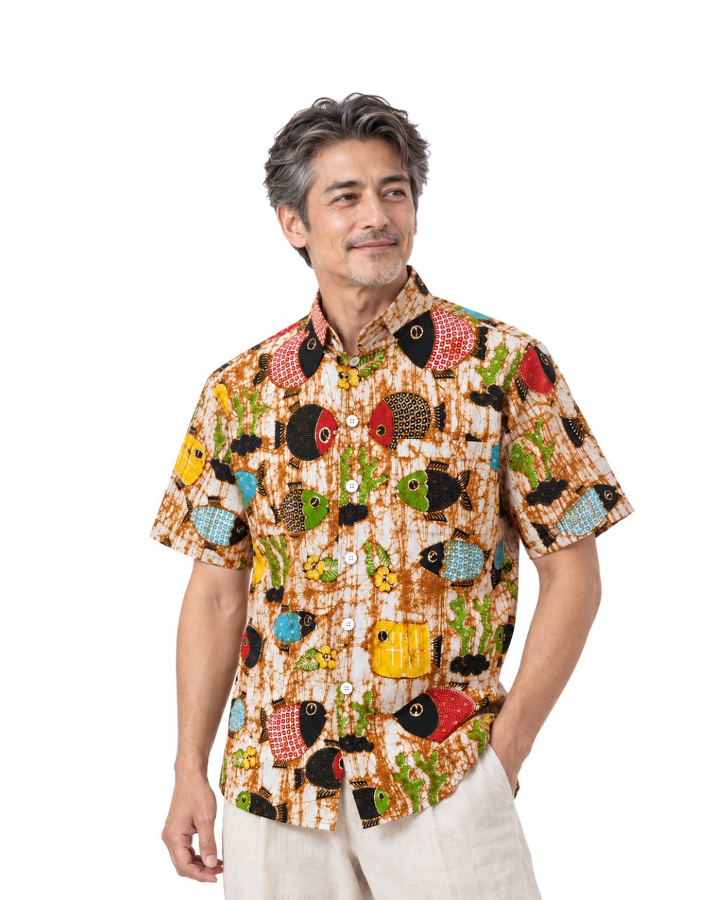 (SSMC-FIT-BEI) Short Sleeve Mandarin Collar Beige Abstract Fish Hand-Drawn Batik Shirt