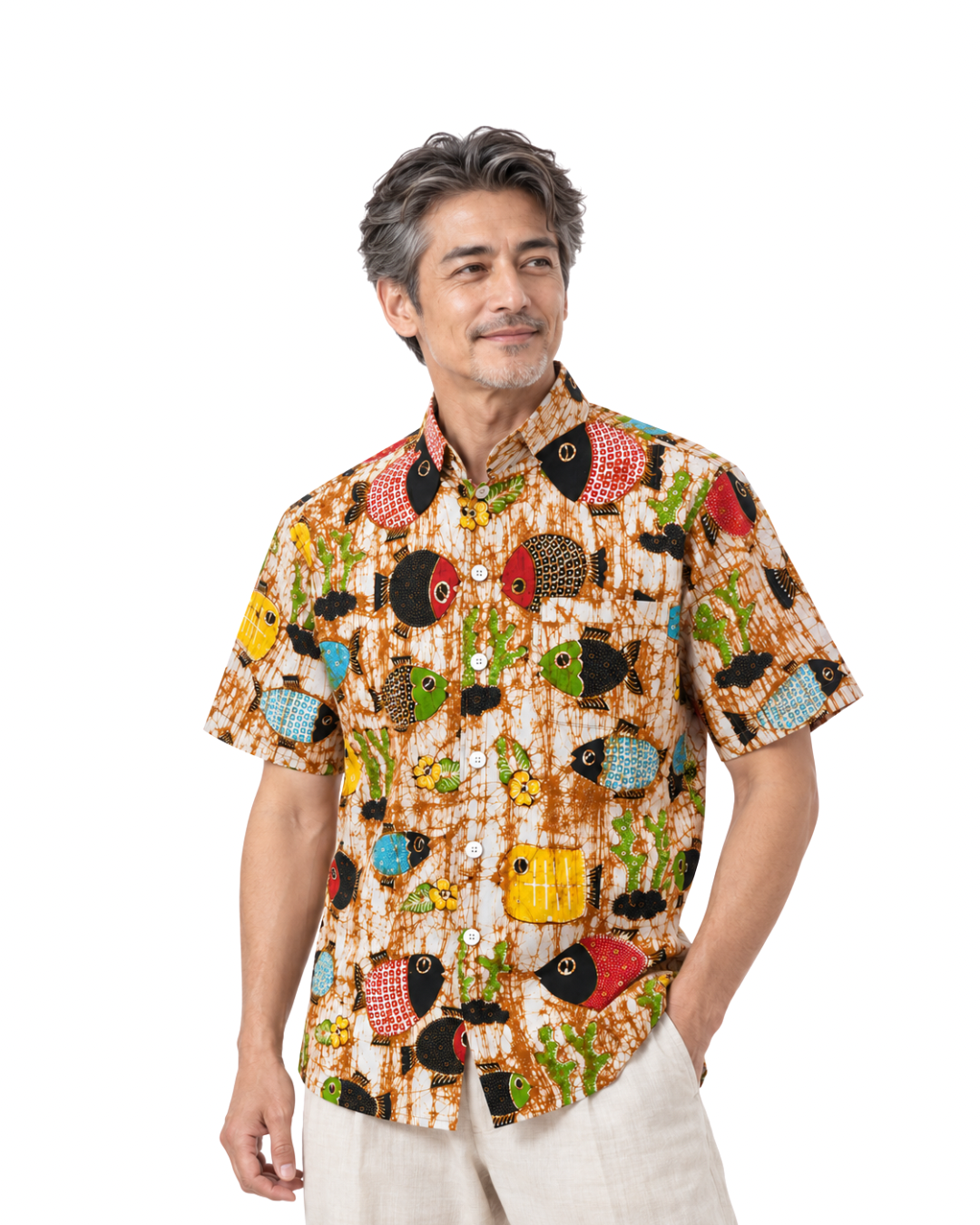 (SSMC-FIT-BEI) Short Sleeve Mandarin Collar Beige Abstract Fish Hand-Drawn Batik Shirt