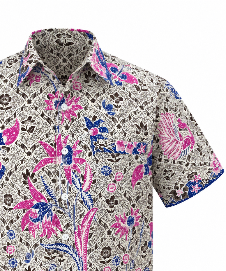 (SSPC-LTF-OFW) Short Sleeve Pointed Collar Off White Lotus Floral Batik Shirt