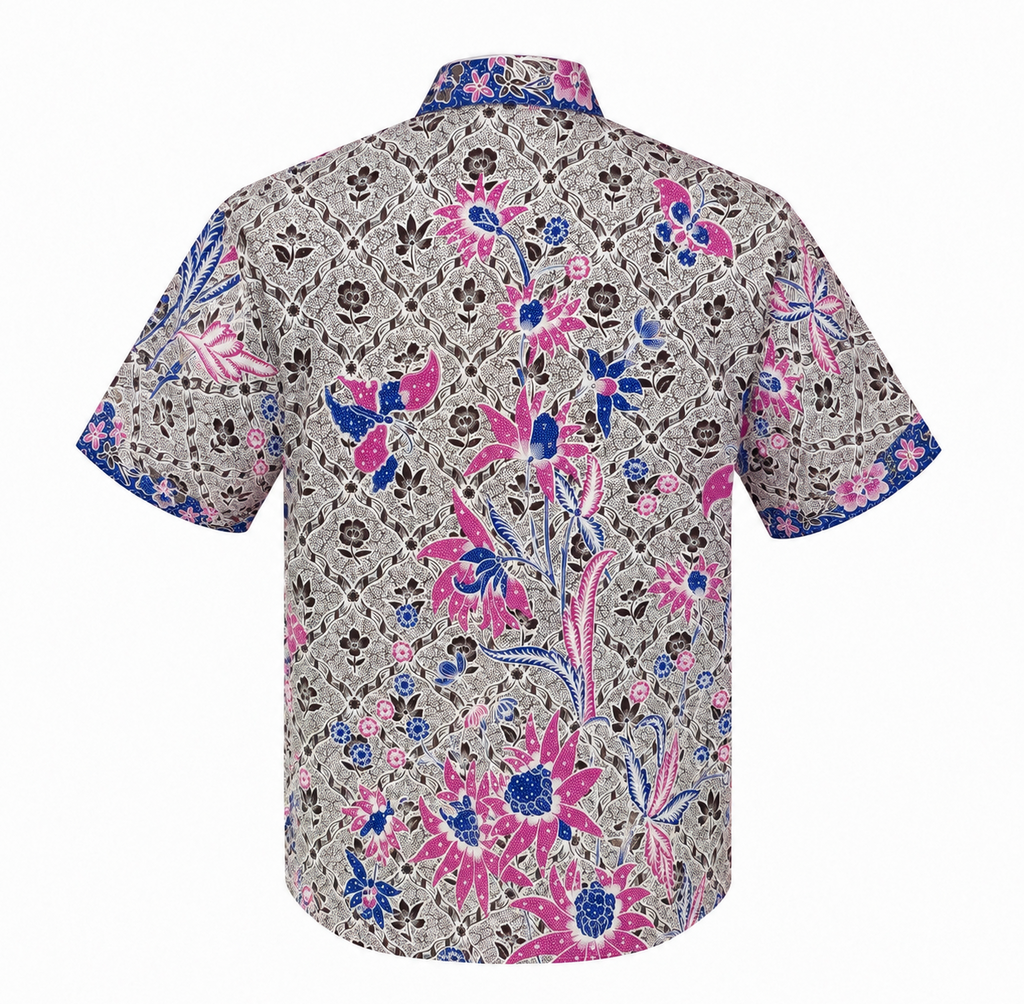 (SSPC-LTF-OFW) Short Sleeve Pointed Collar Off White Lotus Floral Batik Shirt
