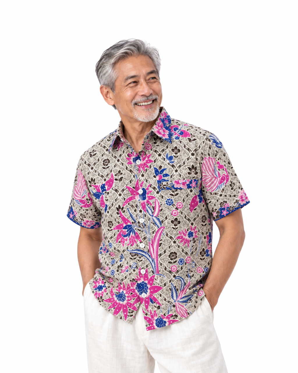(SSPC-LTF-OFW) Short Sleeve Pointed Collar Off White Lotus Floral Batik Shirt