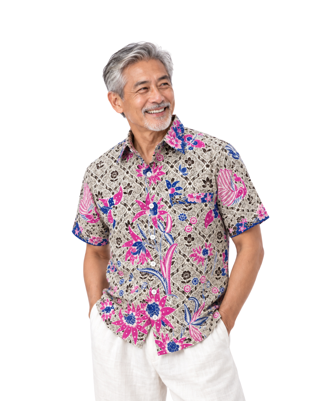 (SSPC-LTF-OFW) Short Sleeve Pointed Collar Off White Lotus Floral Batik Shirt