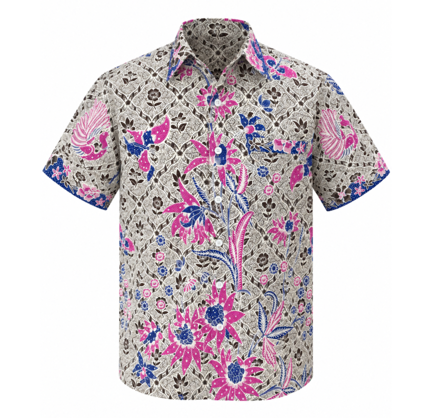 (SSPC-LTF-OFW) Short Sleeve Pointed Collar Off White Lotus Floral Batik Shirt