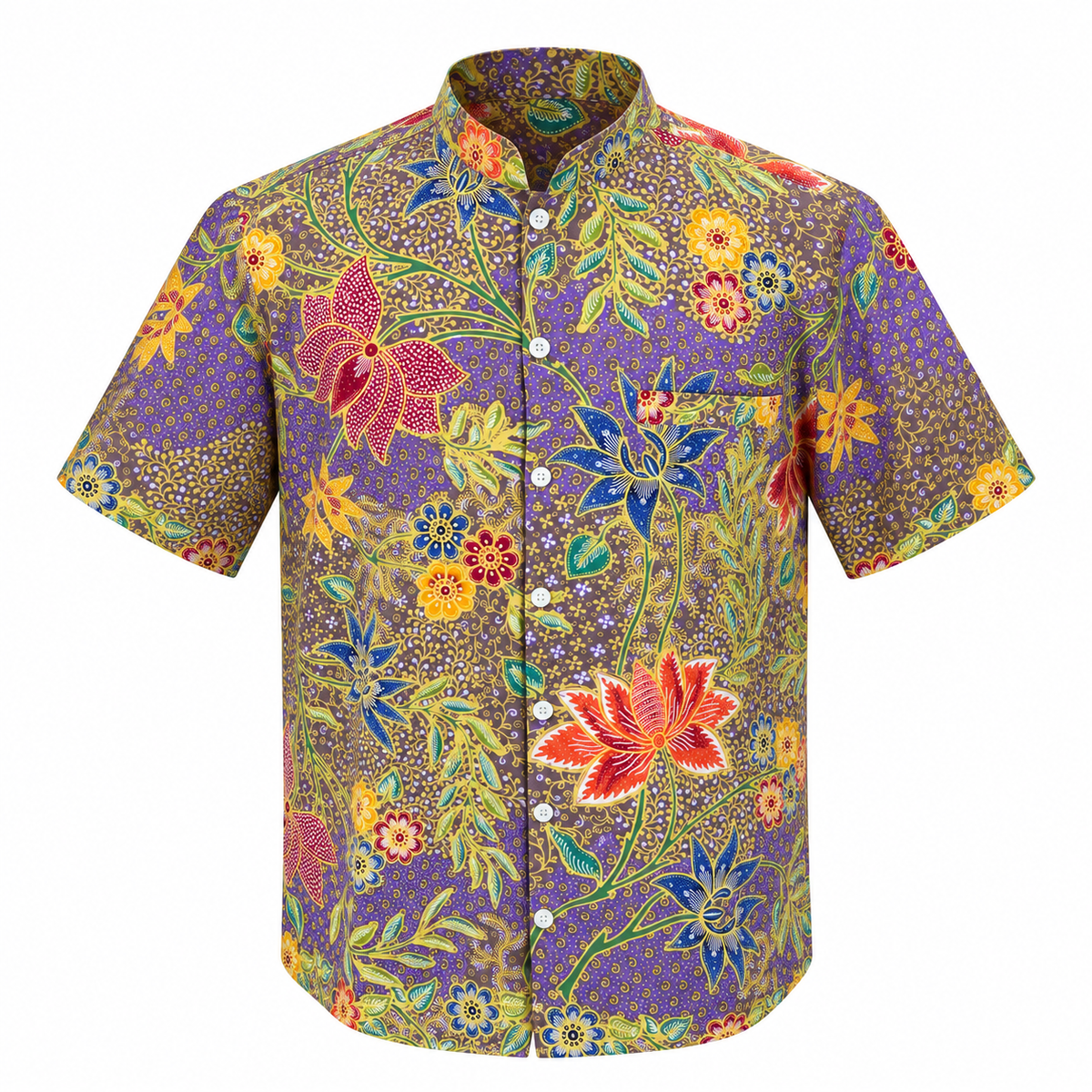 (SSMC-LTF-PUR) Short Sleeve Mandarin Collar Purple Lotus Floral Hand-Drawn Batik Shirt