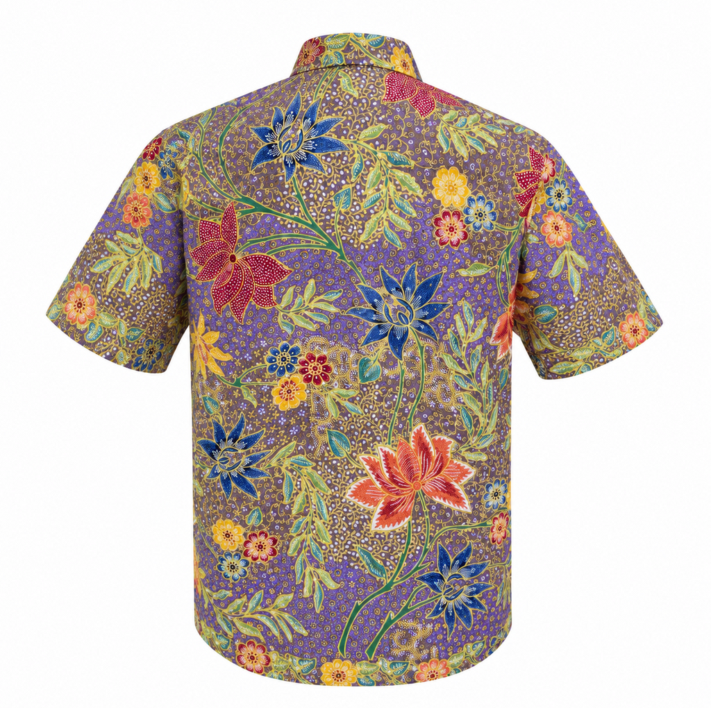 (SSMC-LTF-PUR) Short Sleeve Mandarin Collar Purple Lotus Floral Hand-Drawn Batik Shirt