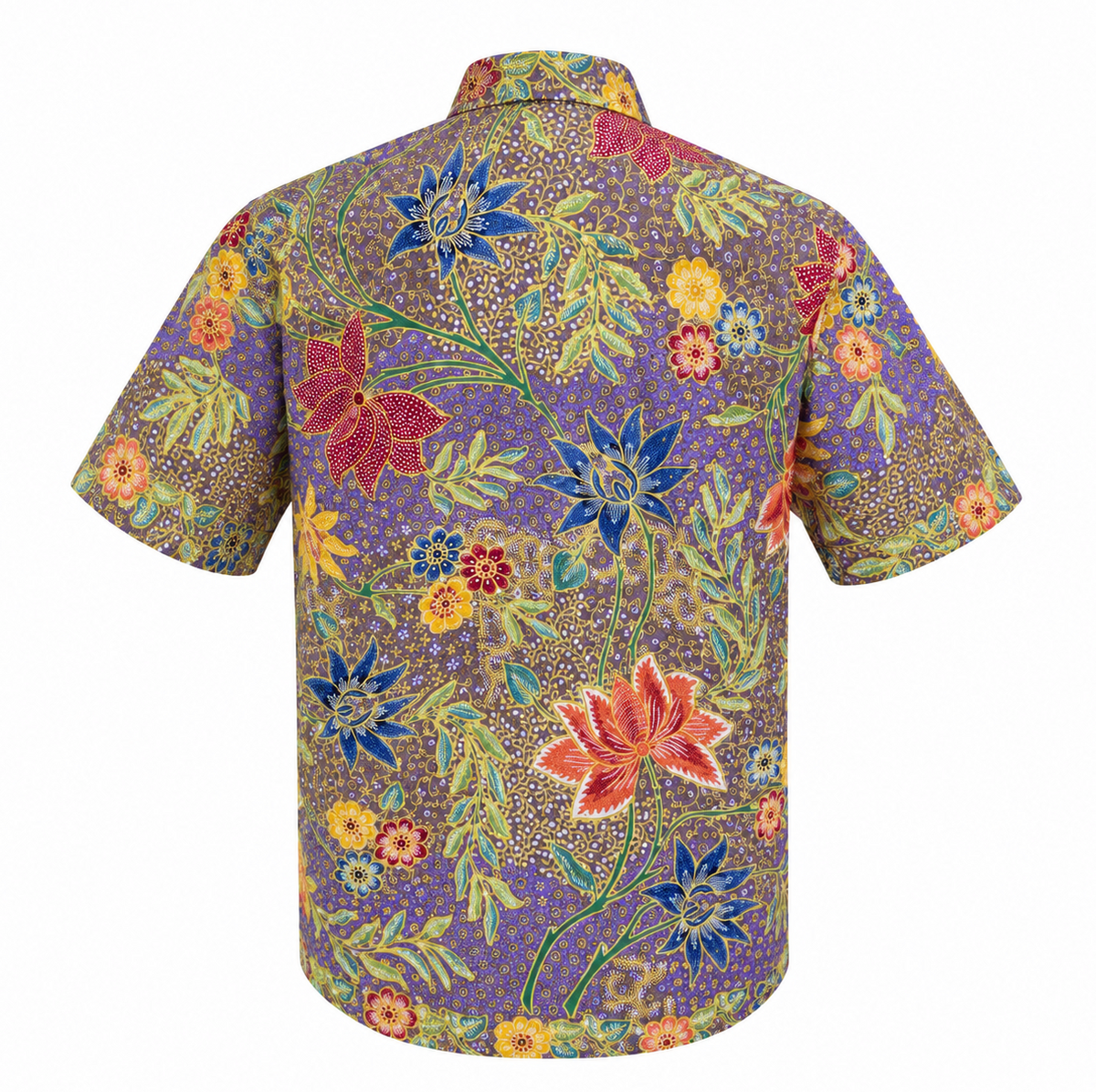 (SSMC-LTF-PUR) Short Sleeve Mandarin Collar Purple Lotus Floral Hand-Drawn Batik Shirt
