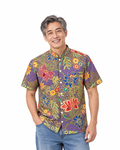 (SSMC-LTF-PUR) Short Sleeve Mandarin Collar Purple Lotus Floral Hand-Drawn Batik Shirt