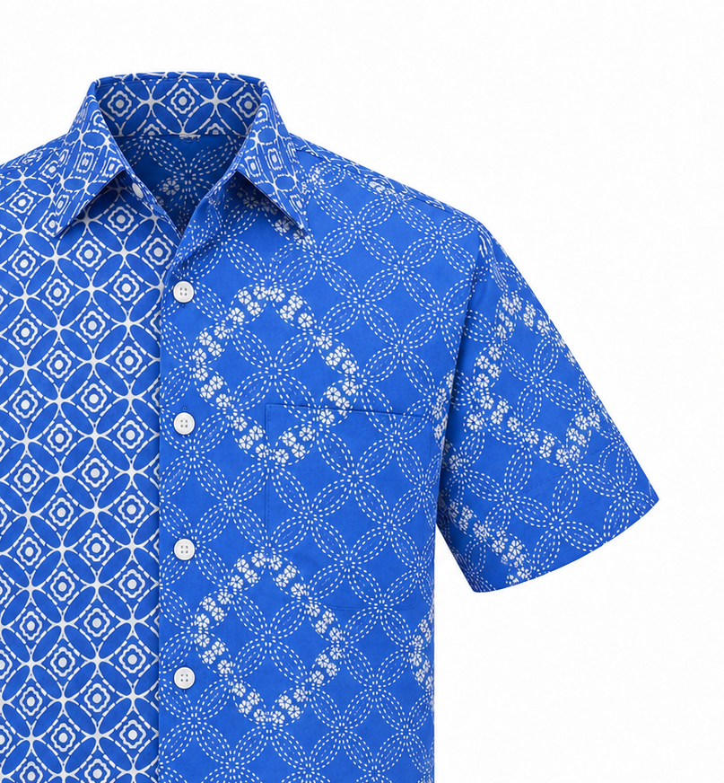 (SSPC-DGE-BLU) Short Sleeve Pointed Collar Azure Blue Geometric Batik Shirt