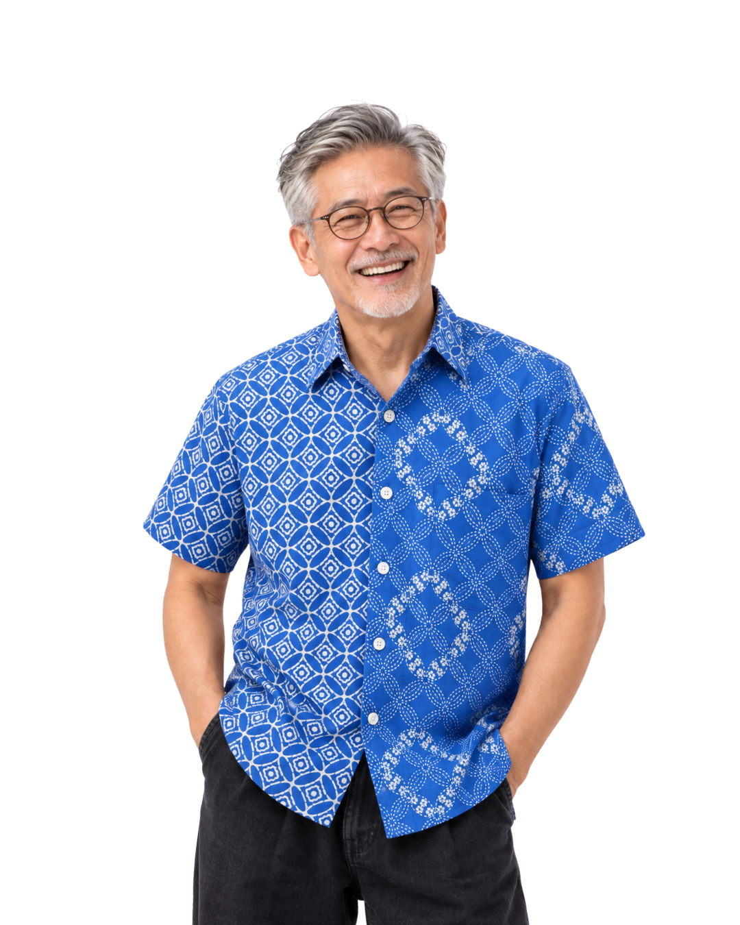 (SSPC-DGE-BLU) Short Sleeve Pointed Collar Azure Blue Geometric Batik Shirt