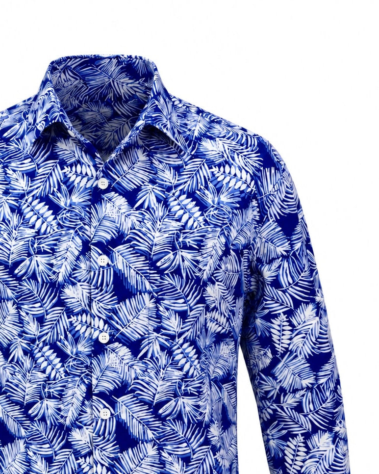 (LSPC-FRL-IND) Long Sleeve Pointed Collar Indigo Forest Leaf Batik Shirt