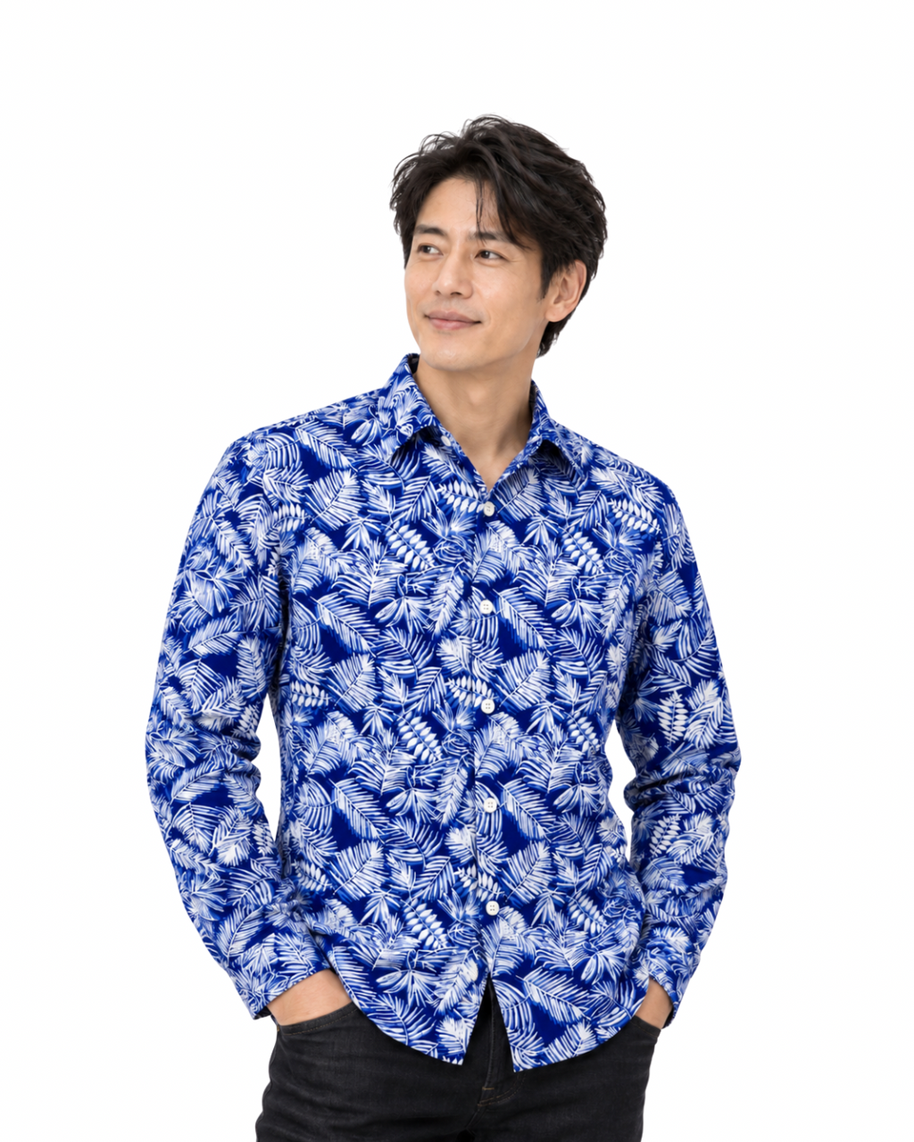 (LSPC-FRL-IND) Long Sleeve Pointed Collar Indigo Forest Leaf Batik Shirt