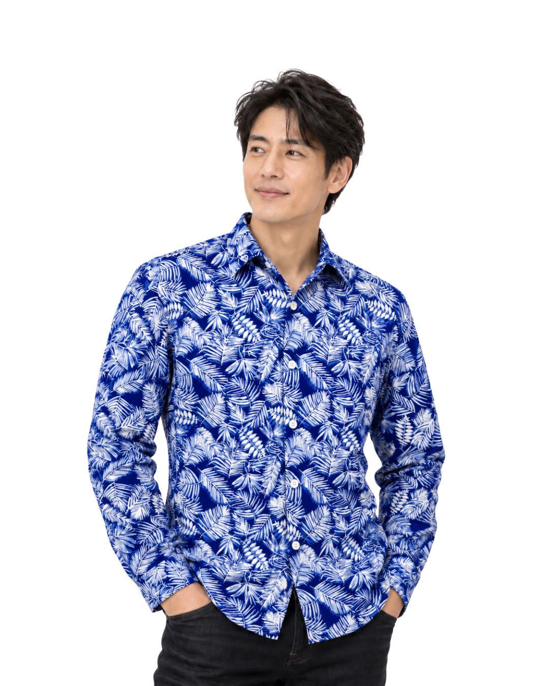 (LSPC-FRL-IND) Long Sleeve Pointed Collar Indigo Forest Leaf Batik Shirt