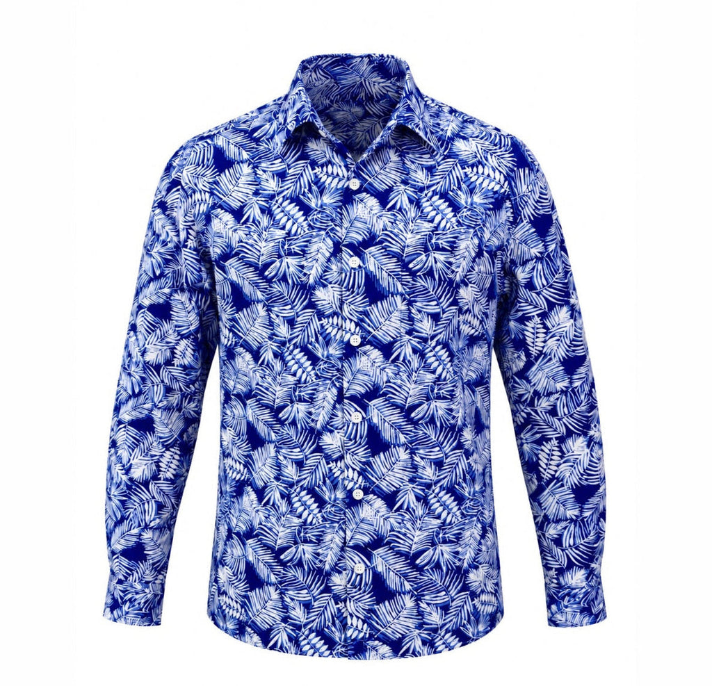 (LSPC-FRL-IND) Long Sleeve Pointed Collar Indigo Forest Leaf Batik Shirt
