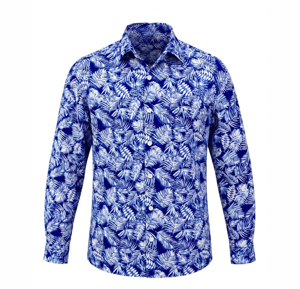 (LSPC-FRL-IND) Long Sleeve Pointed Collar Indigo Forest Leaf Batik Shirt