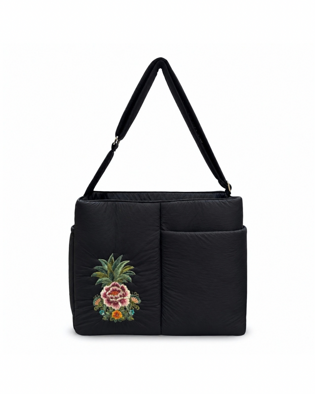 (LTBPEWTB-BLK-PP) Black Puffer Pineapple Peony Embroidery Shoulder & Crossbody Work Tote Bag