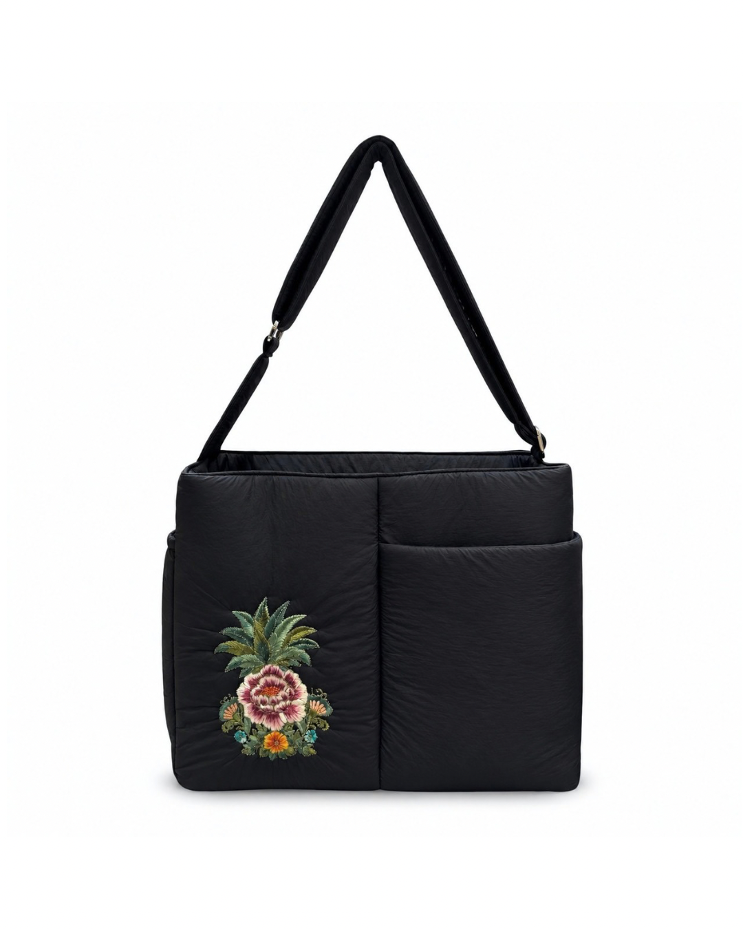 (LTBPEWTB-BLK-PP) Black Puffer Pineapple Peony Embroidery Shoulder & Crossbody Work Tote Bag