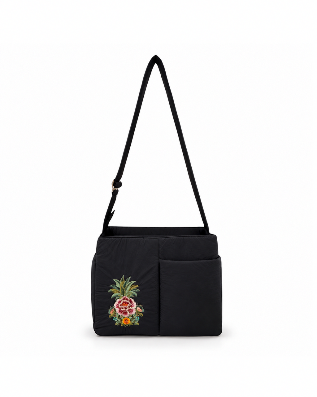 (LTBPEWTB-BLK-PP) Black Puffer Pineapple Peony Embroidery Shoulder & Crossbody Work Tote Bag