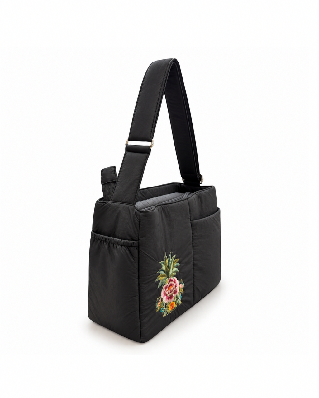 (LTBPEWTB-BLK-PP) Black Puffer Pineapple Peony Embroidery Shoulder & Crossbody Work Tote Bag