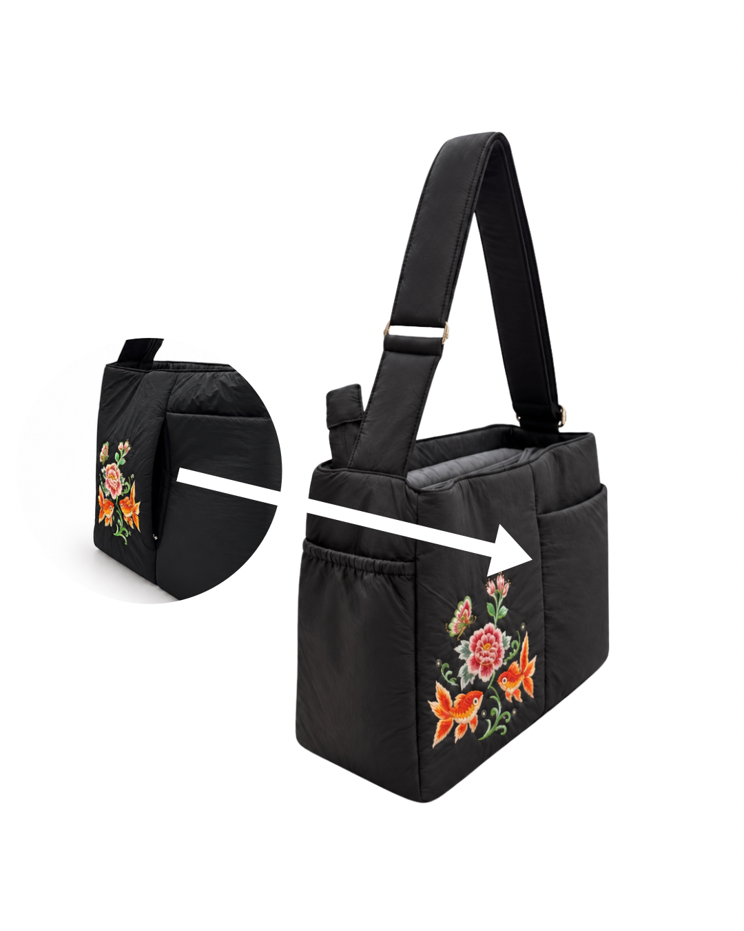 (LTBPEWTB-BLK-GF) Black Puffer Goldfish Embroidery Shoulder & Crossbody Work Tote Bag