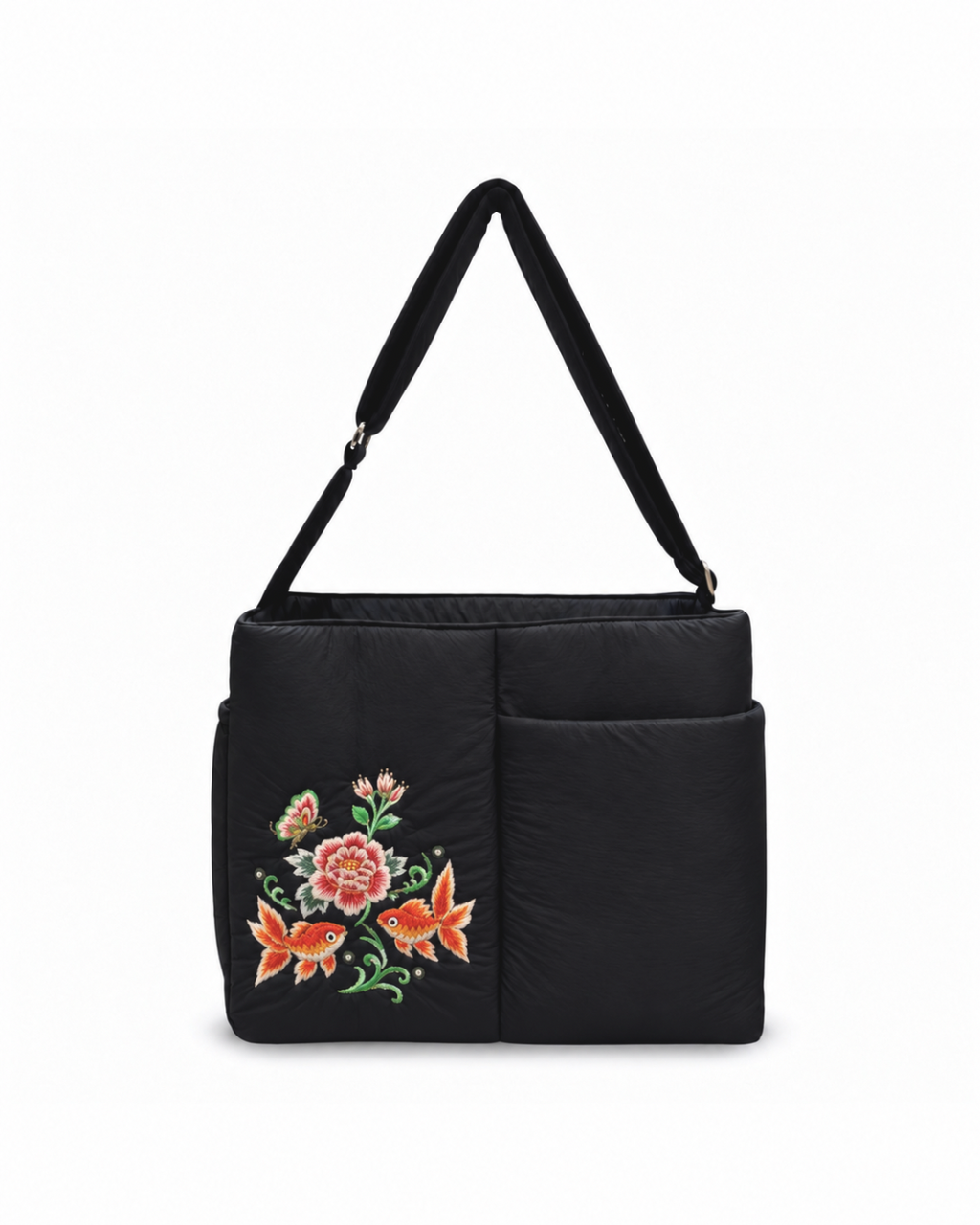 (LTBPEWTB-BLK-GF) Black Puffer Goldfish Embroidery Shoulder & Crossbody Work Tote Bag