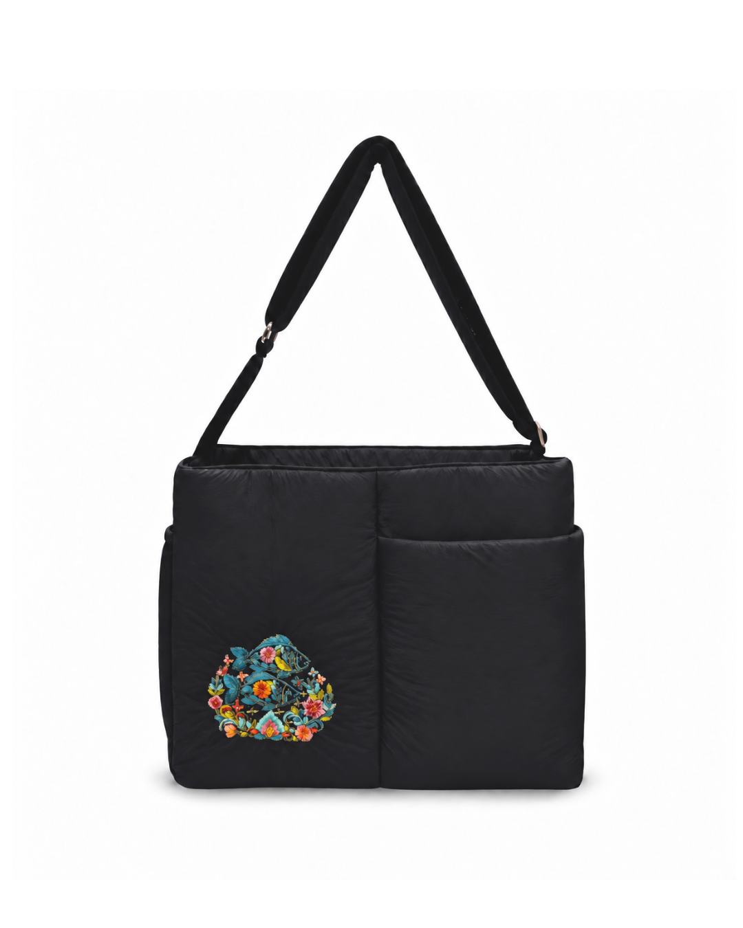 (LTBPEWTB-BLK-FF) Black Puffer Flower Fish Embroidery Shoulder & Crossbody Work Tote Bag