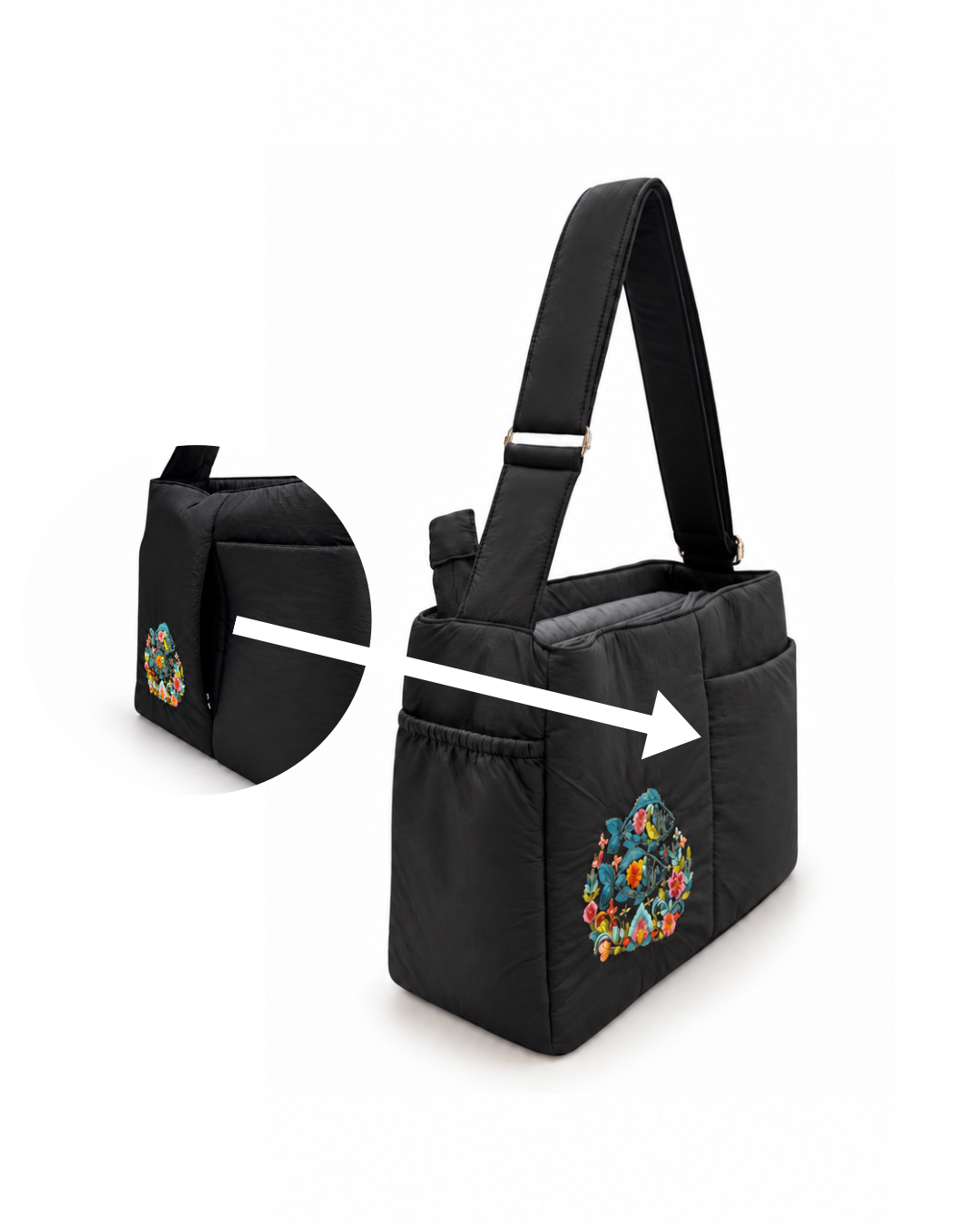 (LTBPEWTB-BLK-FF) Black Puffer Flower Fish Embroidery Shoulder & Crossbody Work Tote Bag