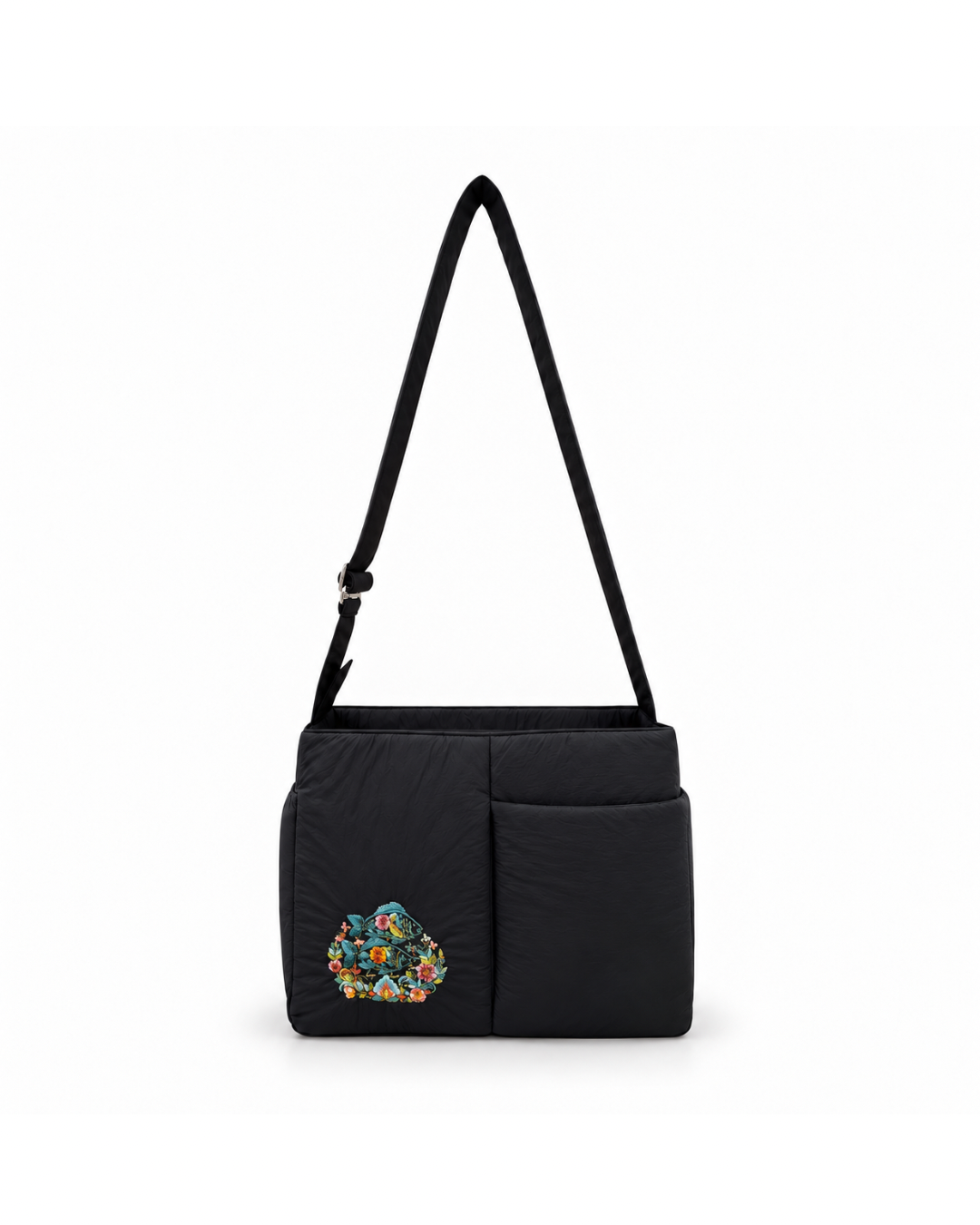 (LTBPEWTB-BLK-FF) Black Puffer Flower Fish Embroidery Shoulder & Crossbody Work Tote Bag