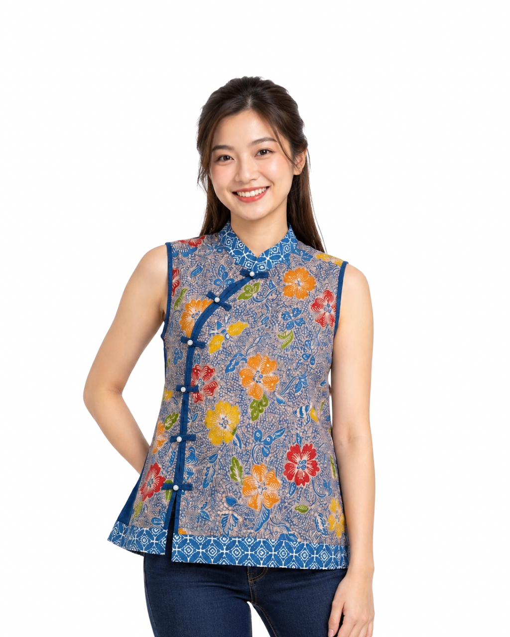 (TSSB-BT-BLU) Blue Botanicals Sleeveless Shanghai Blouse