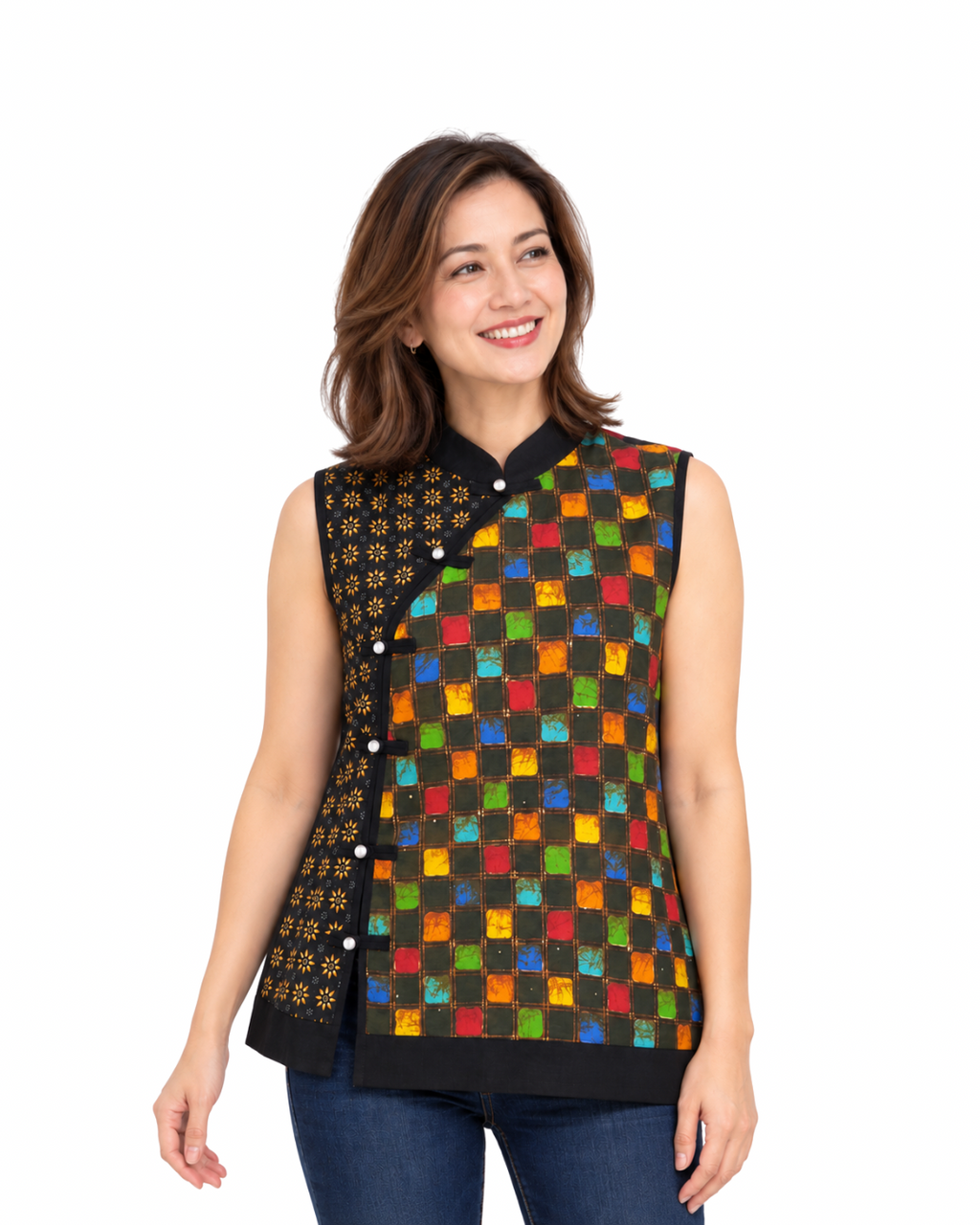 (TSSB-MT-BLK) Black Mosaic Tiles Hand-Drawn Sleeveless Shanghai Blouse