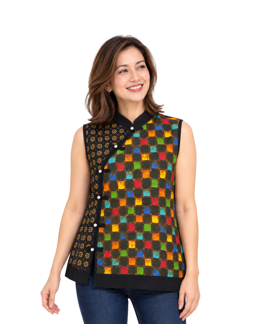 (TSSB-MT-BLK) Black Mosaic Tiles Hand-Drawn Sleeveless Shanghai Blouse