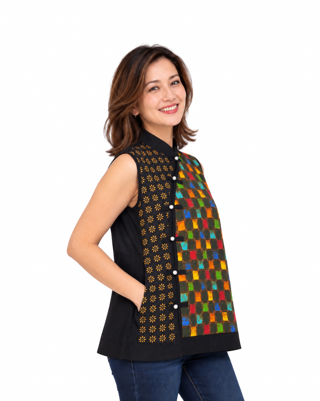 (TSSB-MT-BLK) Black Mosaic Tiles Hand-Drawn Sleeveless Shanghai Blouse