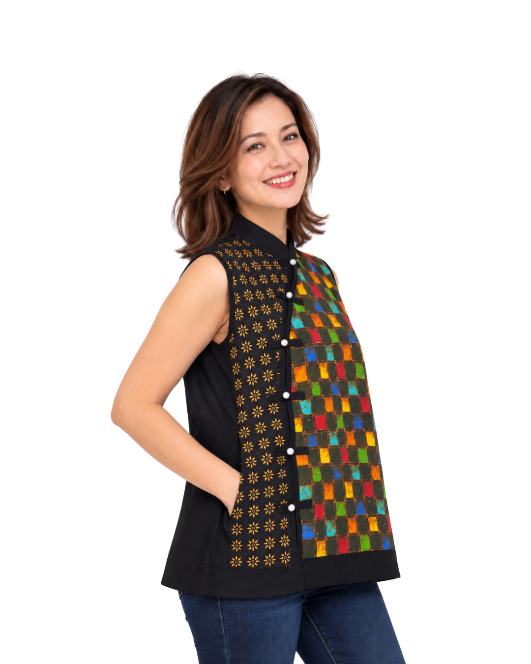 (TSSB-MT-BLK) Black Mosaic Tiles Hand-Drawn Sleeveless Shanghai Blouse