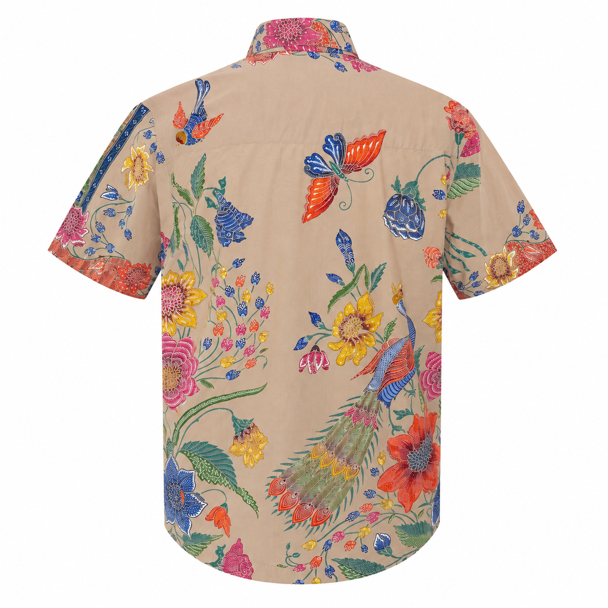 (SSPC-PET-BEI) Short Sleeve Pointed Collar Beige Peacock Hand-Drawn Batik Shirt