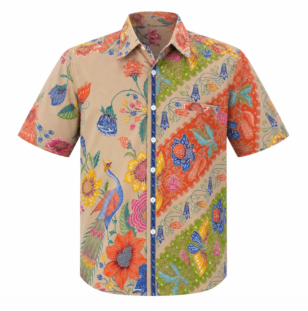 (SSPC-PET-BEI) Short Sleeve Pointed Collar Beige Peacock Hand-Drawn Batik Shirt
