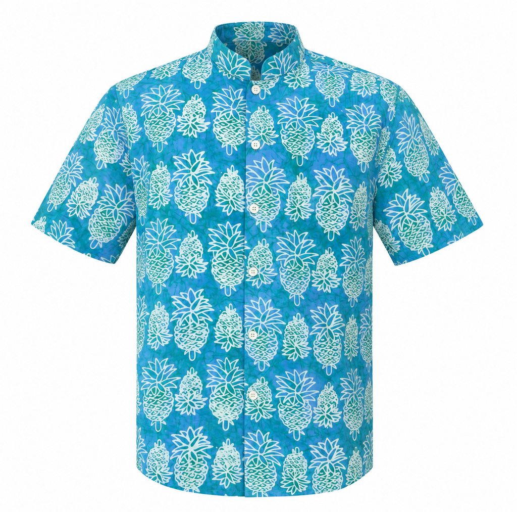 (SSMC-PIM-TUR) Short Sleeve Mandarin Collar Turquoise Mini Pineapple Batik Shirt