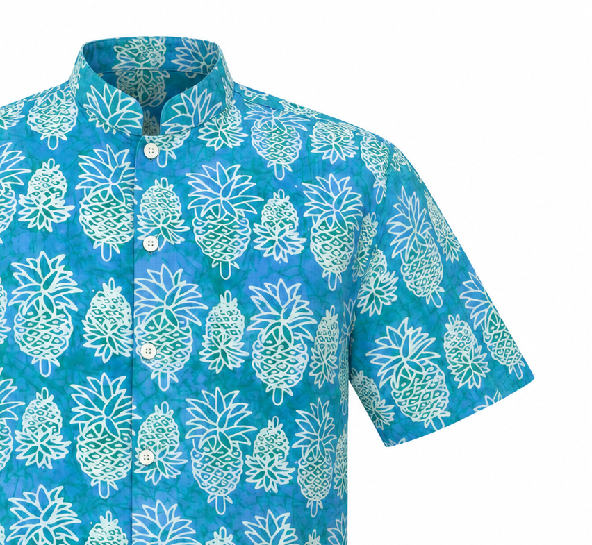(SSMC-PIM-TUR) Short Sleeve Mandarin Collar Turquoise Mini Pineapple Batik Shirt