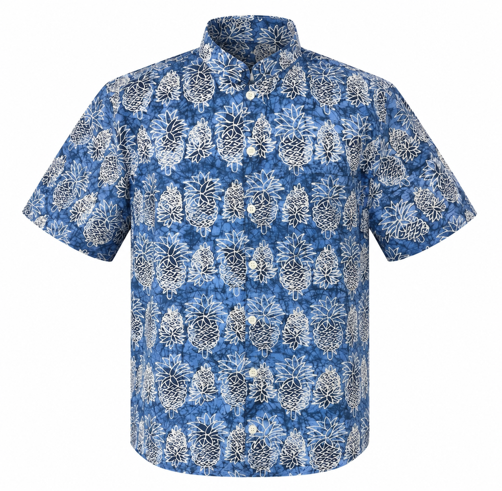 (SSMC-PIM-BLU) Short Sleeve Mandarin Collar Blue Mini Pineapple Batik Shirt