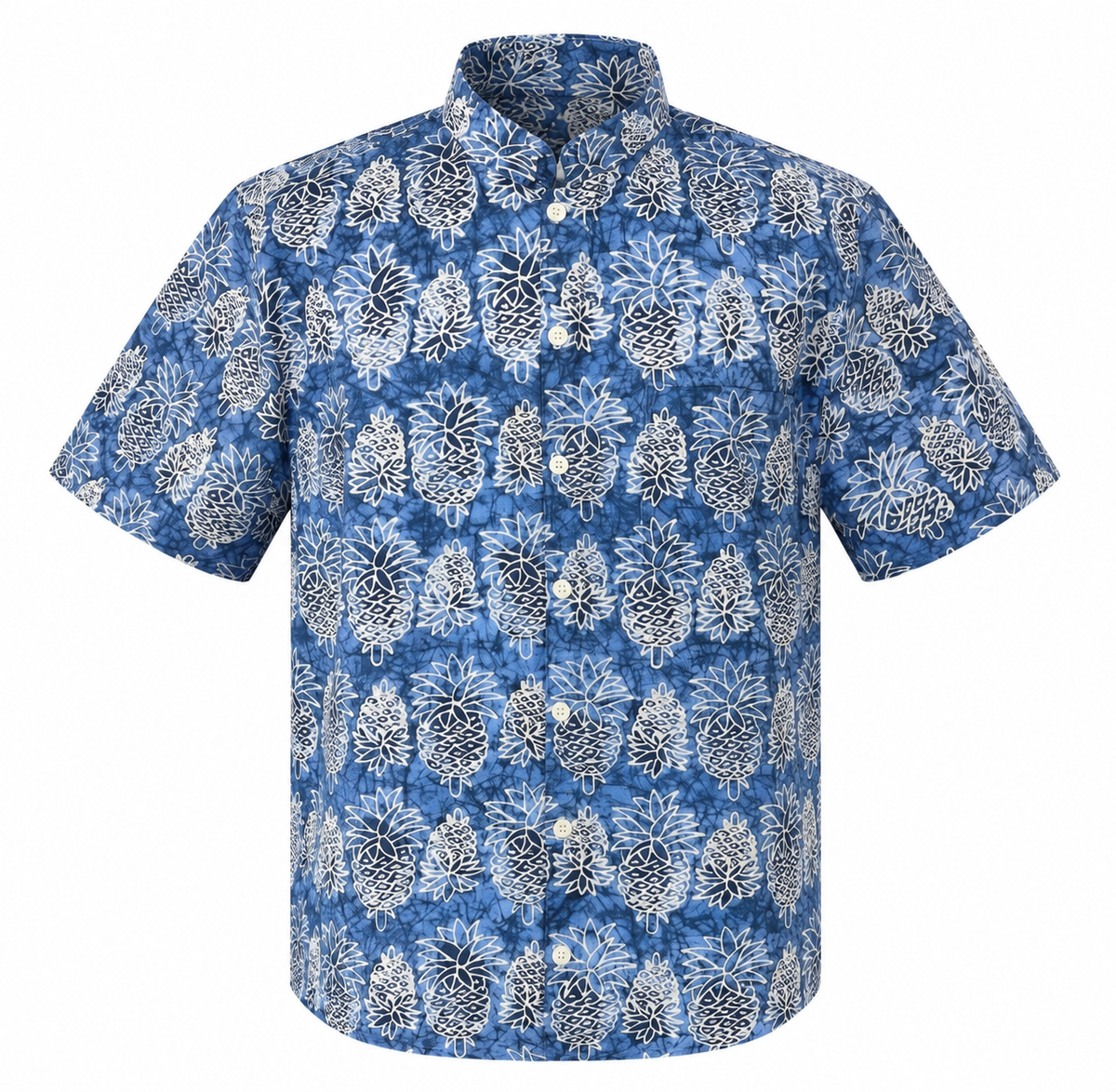 (SSMC-PIM-BLU) Short Sleeve Mandarin Collar Blue Mini Pineapple Batik Shirt