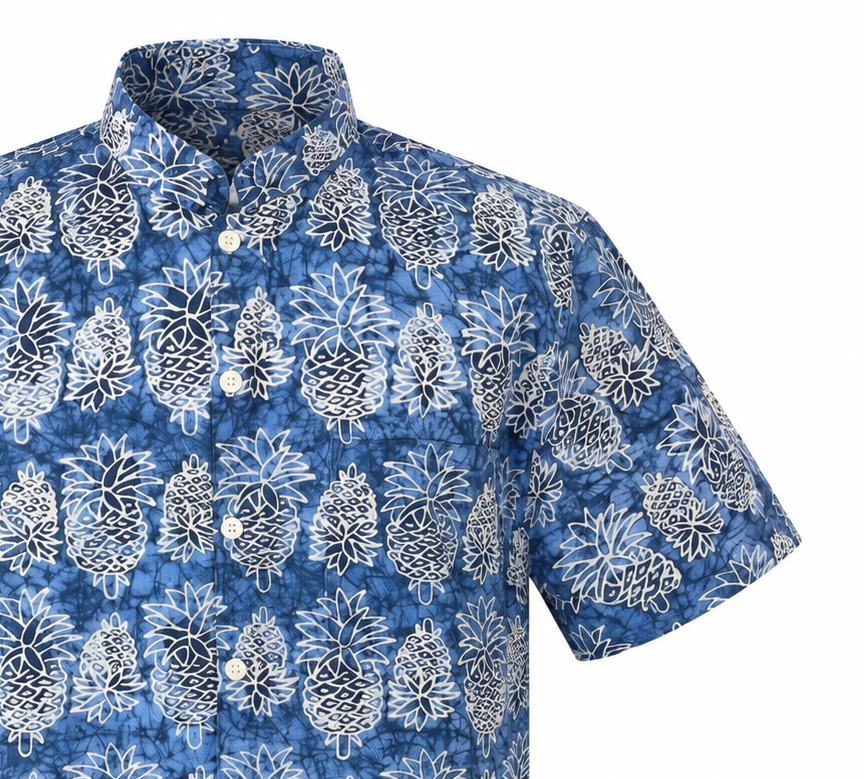 (SSMC-PIM-BLU) Short Sleeve Mandarin Collar Blue Mini Pineapple Batik Shirt