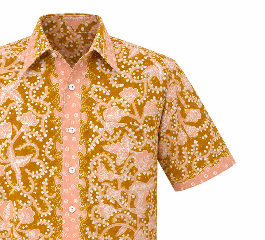 (SSPC-FIT-MUS) Short Sleeve Pointed Collar Mustard Yellow Flower Hand-Drawn Batik Shirt