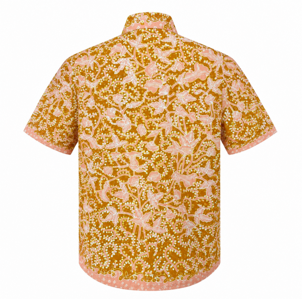 (SSPC-FIT-MUS) Short Sleeve Pointed Collar Mustard Yellow Flower Hand-Drawn Batik Shirt