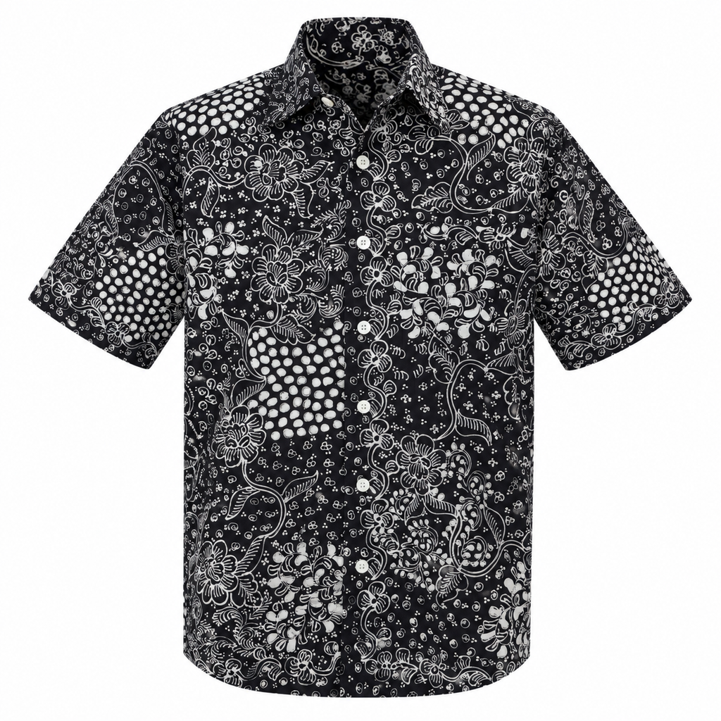 (SSPC-FIT-BLK) Short Sleeve Pointed Collar Black Floral Hand-Drawn Batik Shirt