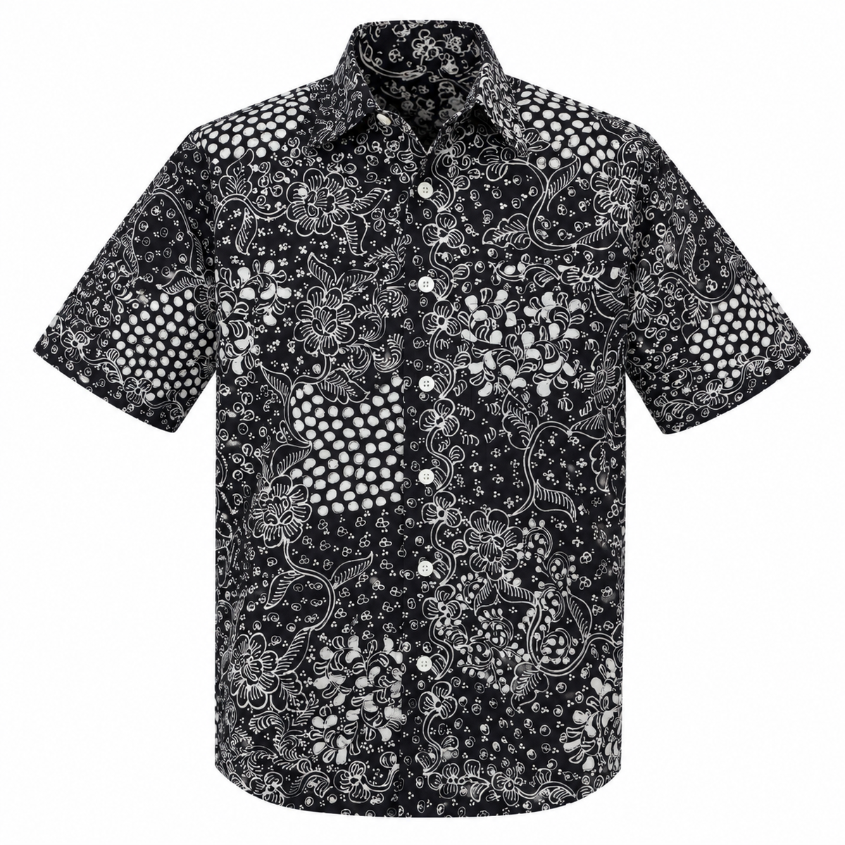 (SSPC-FIT-BLK) Short Sleeve Pointed Collar Black Floral Hand-Drawn Batik Shirt