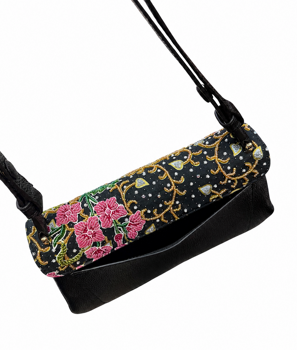 (CBLGB-ORTURPNK-BLK) Turquoise Pink Orchid Black Leather Gusset Shoulder & Crossbody Bag