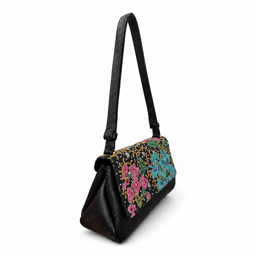 (CBLGB-ORTURPNK-BLK) Turquoise Pink Orchid Black Leather Gusset Shoulder & Crossbody Bag